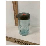 Antique Mason Jar Aqua Blue Zinc & Glass Lid