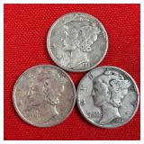 3 - 90% Silver Mercury Dimes; 1941 1942 1944
