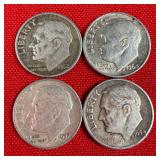 4 - 90% Silver Roosevelt Dimes 1952 1954 1957 1964