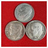 3 - 90% Silver Roosevelt Dimes; 1959 1963 1964
