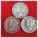 3 - 1939 90% Silver Mercury Dimes