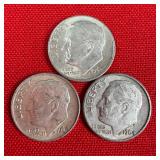 3 - 1964 90% Silver Roosevelt Dimes