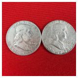 2 - 90% Silver Franklin Half Dollars