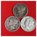 3 - 90% Silver Mercury Dimes; 1935 1941