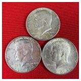 3 - 1964 90% Silver Kennedy Half Dollars