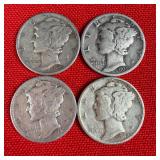 4 - 90% Silver Mercury Dimes; 1937 1939 1942 1945
