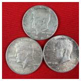 3 - 90% Silver 1964 Kennedy Half Dollars
