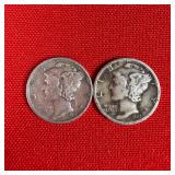 2 - 90% Silver Mercury Dimes; 1937 1944