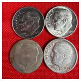 4 - 90% Silver Roosevelt Dimes; 1958 1964