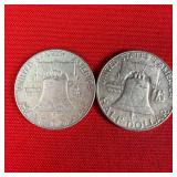 2 - 1963-D 90% Silver Franklin Half Dollars