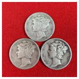 3 - 90% Silver 1945 Mercury Dimes
