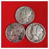 3 - 90% Silver Mercury Dimes; 1938 1941 1942