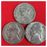 3 - 1945-P Wartime 35% Silver Jefferson Nickels