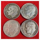 4 - 90% Silver Roosevelt Dimes 1952 1954 1957 1964