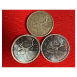 3 - 1965 80% Silver Canadian Quarters