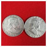 2 - 1961 90% Silver Franklin Half Dollars