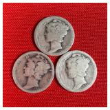 3 - 1920 90% Silver Mercury Dimes
