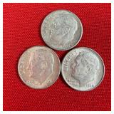 3 - 90% Silver 1964 Roosevelt Dimes