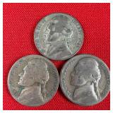 3 - 1945 Wartime 35% Silver Jefferson Nickels
