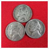 3 - 1943-P Wartime 35% Silver Jefferson Nickels