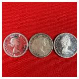 3 - Canadian 80% Silver Dimes; 1957 1964 1965