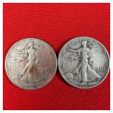 2 - 1943 Walking Liberty 90% Silver Half Dollars