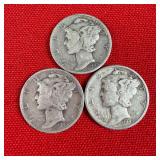 3 - 1945 90% Silver Mercury Dimes