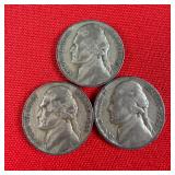 3 - 1943-P Wartime 35% Silver Jefferson Nickels