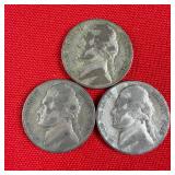 3 - 1945-P Wartime 35% Silver Jefferson Nickels