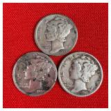 3 - 90% Silver Mercury Dimes; 1938 1941 1942