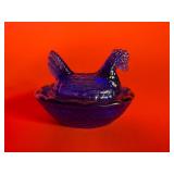 Miniature Cobalt Blue Hen on Nest