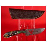 Damascus Hunting Knife W/ Buck Cut-Out