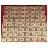 Uncut Sheet of 32 - $2 Dollar Bills