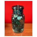 Blue Mason Ideal Wire Bail Jar Filled W/ Marbles