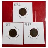 3 - Indian Head One Cent Pennies: 1882, 1887, 1889