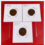 3 - Indian Head One Cent Pennies: 1882, 1884, 1887