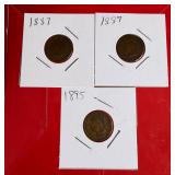 3 - Indian Head One Cent Pennies: 1887 1889 1895