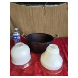 Two glass lampshades plus hammered metal pot