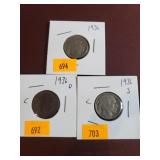 1936,1936S,1936D Indian Head Nickels
