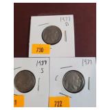 1937,1937S,1937D Indian Head Nickels