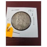 1951S Silver Franklin half dollar