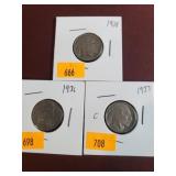 1938,1936,1937 Indian Head Nickels
