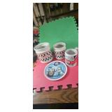2 Coca cola jars w/ out lids, mug cup& plate