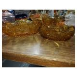 2 PC vtg Hobstar Sawtooth rim amber oval dishes