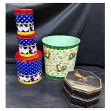 Lot of tins and vintage waste basket