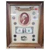 Washington coin and paper currency plaque