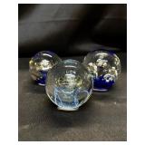 Lot of 3 glass paperweights w/ bubbles blue