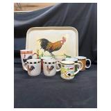 Lot of 8 chicken mugs and chicken tray