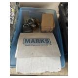 Tote of locks, door, knobs, and more
