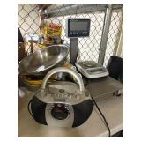 Lot with stainless bowls, radio, and scales